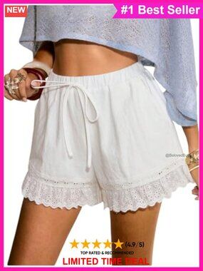 Women's Lace Eyelet Ruffle Drawstring Flowy Shorts Pockets